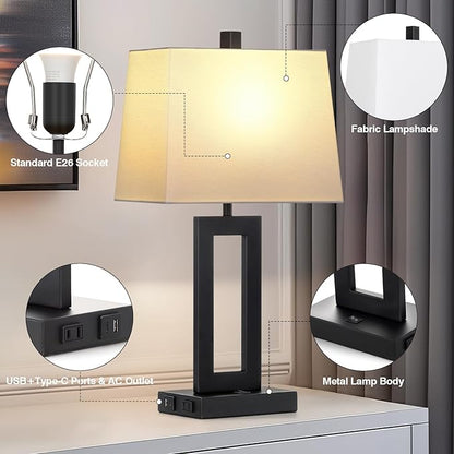 Table Lamp Set of 2 with USB C+A Ports & AC Outlet, Bedside Lamps, Modern Bedroom Lamps, Black Lamps for Night Stands Bedroom Living Room,Nightstand Lamp（Push Button Swich