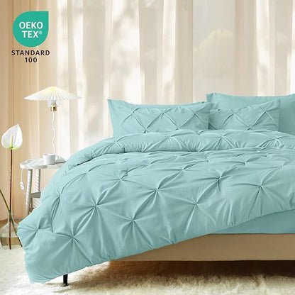 JOLLYVOGUE Queen Comforter Set 7 Pieces - Bed in a Bag Queen for All Season, Pintuck Bedding Comforter Sets with Comforter, Flat Sheet, Fitted Sheet and Pillowcases & Shams, Lake Blue