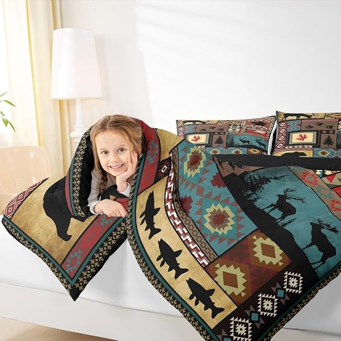 Rustic Cabin Bedding Comforter Sets Queen Size, Lodge Bear Bedding Sets, Southwestern Quilt Duvet Moose Deer Country Farmhouse Animal Wildlife Hunting Brown Patchwork Plaid Quilt, 2 Pillowcases