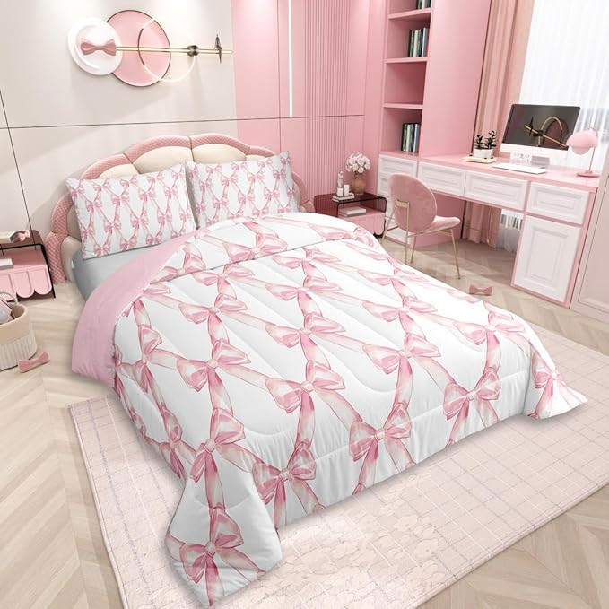 Erosebridal Ribbon Bow Bedding Set for Kids Girls Teen Women,Pink Girly Bowknot Bedding Comforter Sets Twin Cute Fantasy Princess Comforter Set Kawaii Bow Tie Bed Duvet Set 1 Pillow Case