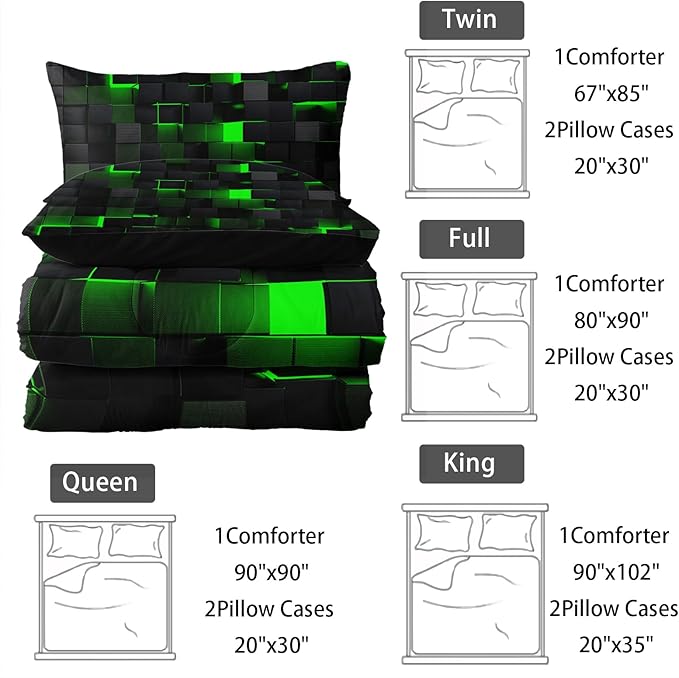 Neon Green Black Comforter Set Twin Geometric Kids Bedding Set,3 PCS Geometry Honeycomb Bed Set Modern Quilt Set 1 Comforter 2 Pillow Cases Cool Room Decor All Season B-Side Black