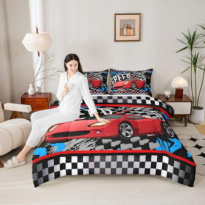 Feelyou Boys Race Car Bedding Set Cool Race Sports Car Set Comforter Set for Kids Boys Sports Theme Duvet Set Checkered Comforter Red 1 Comforter Set with 2 Pillowcases Queen Size