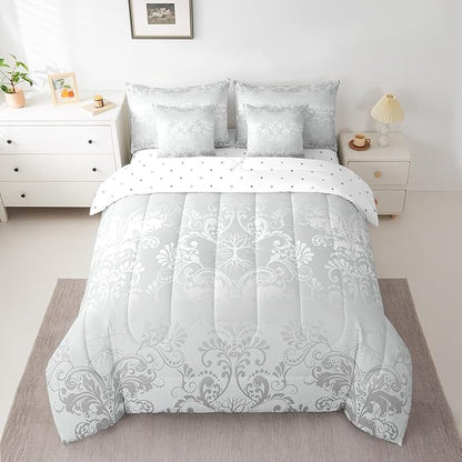 Erosebridal Gothic Damask Bed in a Bag King Size Comforter Set 7 Pieces,Sun Moon Tree of Life Bedding Sets Silver White Victorian Floral Goth Sheet Set with Comforter