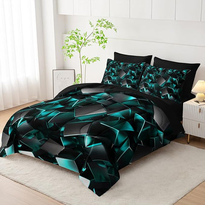 Turquoise Black Geometric Comforter Set Twin Size 7PCS,Abstract Triangular Printed Bedding Set for Adults,Geometric Mordern Art Decor All Seasons with Pillowcases,Flat, Fitted Sheet