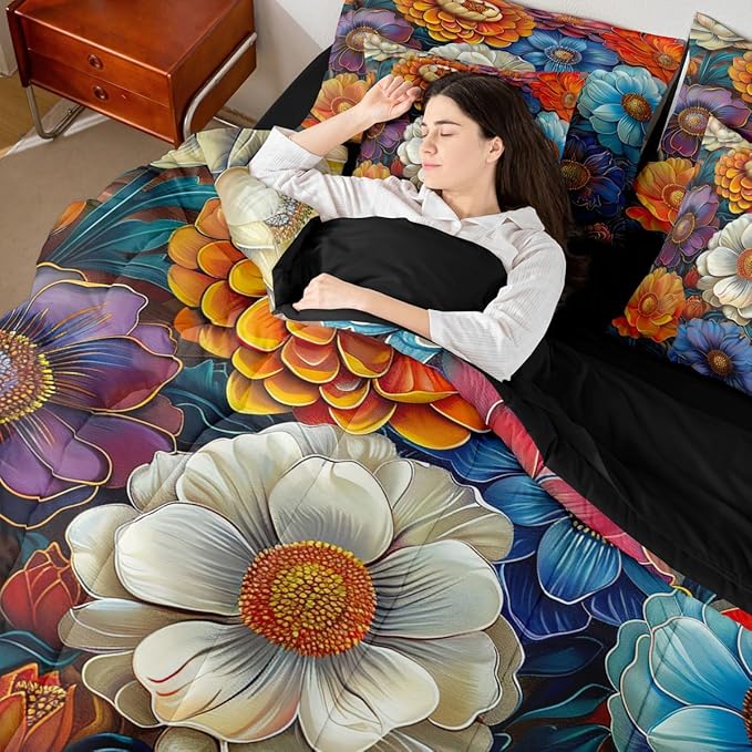 Erosebridal Floral King Comforter Set Boho Flowers 7-Piece Bed in A Bag Garden Pony Rainbow Colorful Dreamy Sheets and Pillowcases Gold White Bed Sets