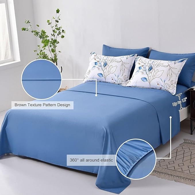 WONGS BEDDING Botanical Comforter Set Queen, 7 Pieces Floral Reversible Bed in a Bag Gold Blue Leaves Bedding Set Queen (1 Comforter,2 Pillowcase,2 Pillow Shams,1 Flat Sheet,1 Fitted Sheet)