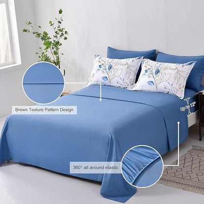 WONGS BEDDING 7 Pieces Blue Floral Bed in a Bag King, Botanical Comforter Set Reversible Blue Gold Leaves Bedding Set King (1 Comforter,2 Pillowcase,2 Pillow Shams,1 Flat Sheet,1 Fitted Sheet)