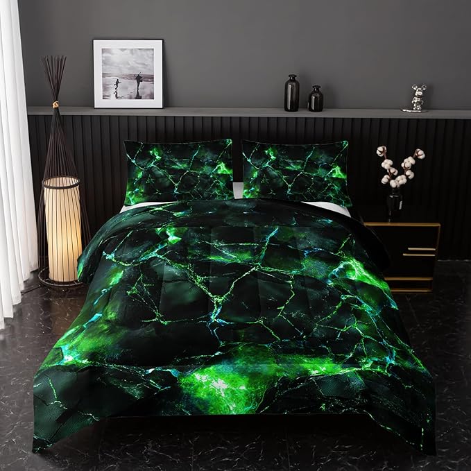 Green Comforter Set Full Size，Green Marble Bedding Set 3 Pcs Bedding for Adults, Marble Room Decor with Comforter and 2 Pillowcases Soft and Lightweight B-Side Black