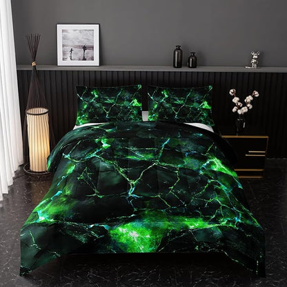 Green Comforter Set Queen Size，Green Marble Bedding Set 3 Pcs Bedding for Adults, Marble Room Decor with Comforter and 2 Pillowcases Soft and Lightweight B-Side Black