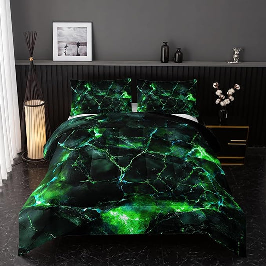 Green Comforter Set Queen Size，Green Marble Bedding Set 3 Pcs Bedding for Adults, Marble Room Decor with Comforter and 2 Pillowcases Soft and Lightweight B-Side Black