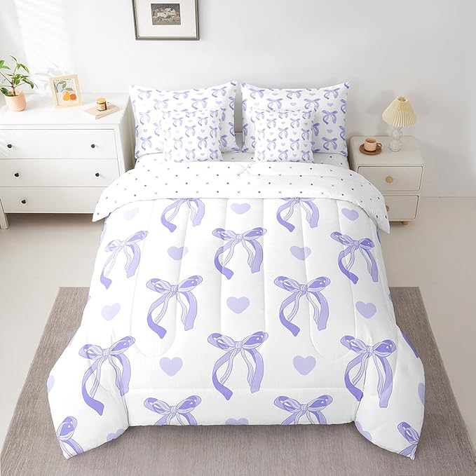 jejeloiu Cute Purple Bow 7 Piece Bedding Set King Size Ribbon Bow Comforter Set with Sheets for Kids Women Cartoon Love Heart Bed in a Bag Purple White Bed Set
