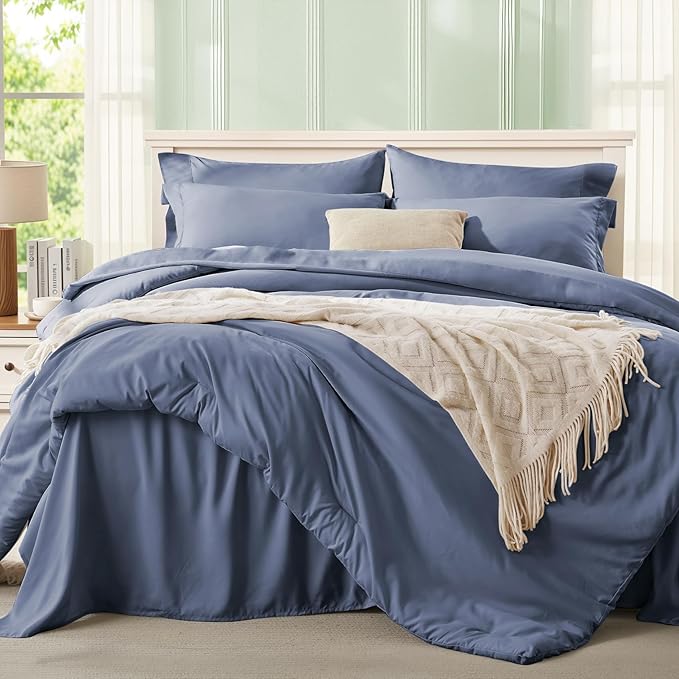 Anluoer Grayish Blue Twin Comforter Set 5 Pieces, Bed in a Bag with Sheets, All Season Bedding Sets with 1 Comforter, 1 Pillow Sham, 1 Pillowcase, 1 Flat Sheet, 1 Fitted Sheet