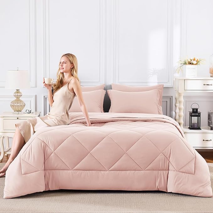 CozyLux Full Size Comforter Sets Blush Pink - 7 Pieces Bed in a Bag Full, Luxury Soft Bed Set for All Seasons, Bedding Set with Down Alternative Comforter, Sheets, Pillowcases & Shams