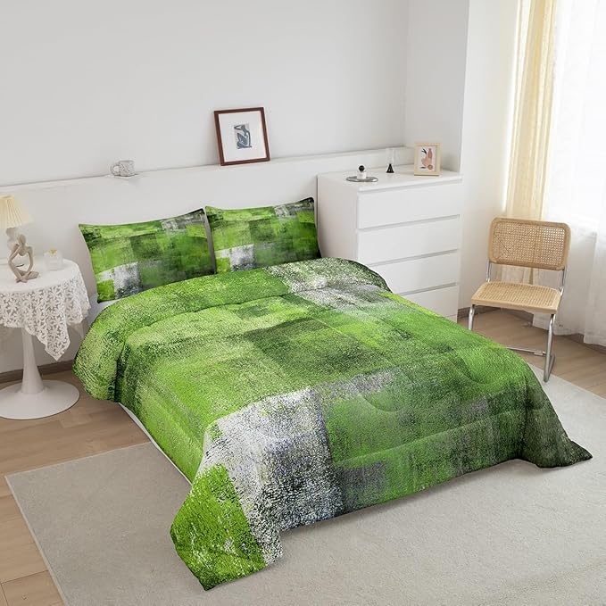 Summer Watercolor Comforter Set for Kids Boys Girls,Green Grey Bedding Set Full,Mid Century Bedding Comforter Sets,Abstract Oil Painting Ombre Art Duvet Insert with 2 Pillowcases All Season