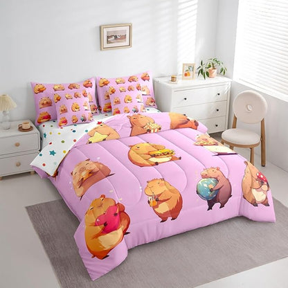 Erosebridal Funny Capybaras 7 Pieces Bedding Set Full,Capybara Lover Bed in a Bag,Cartoon Rodents Bed Set Includes Comforter,Sheet Set,Pillowcases & Pillow Covers,Violet Khaki Capybara Bedroom Decor