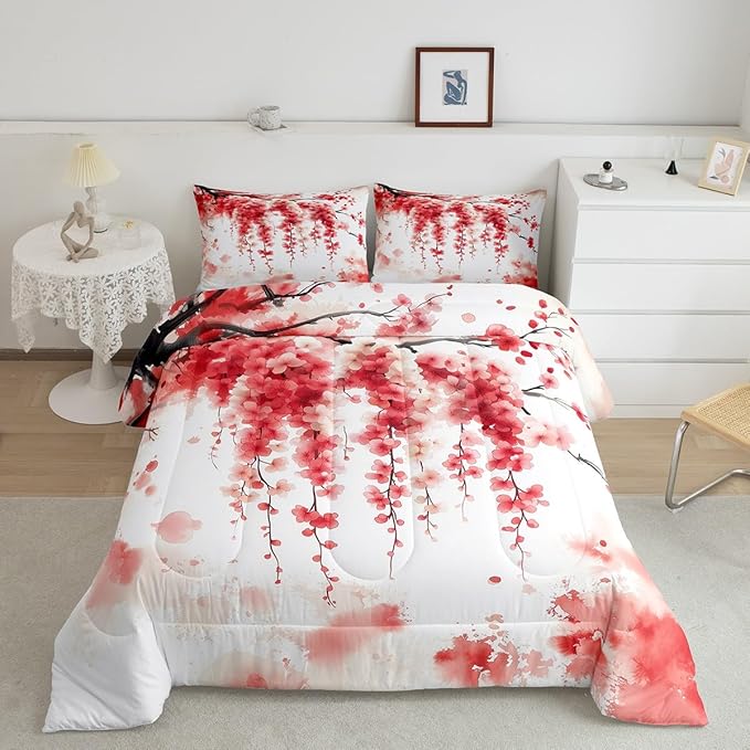 Manfei Cherry Blossom Comforter Set King Size, Watercolor Flower Branches Bedding Set 3pcs, Japanese Style Pink Red Floral Down Comforter, Kids Girls Women Room Decor, 2 Pillowcases, No Sheets