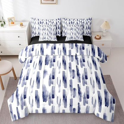 Erosebridal 7Pcs Navy Blue Full Comforter Set,Teal Ombre Geometric Striped Bed in A Bag for Teens Adults,Gradient Modern Art Aesthetic Bedding,Contemporary Boho Graffiti Quilt Set with Pillowcases