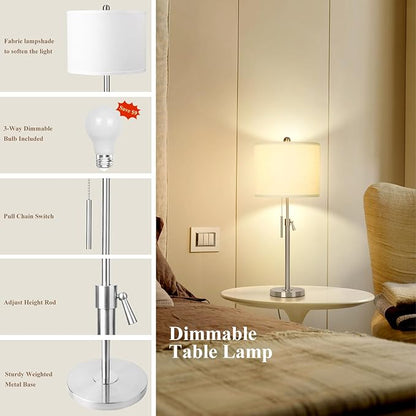 Table Lamps for Bedrooms Set of 2, 22" to 30" Height Adjustable Nightstand Lamps with Linen Shade, Pull Chain Switch Lamps for Living Room, 3 Way Dimmable Beside Lamp