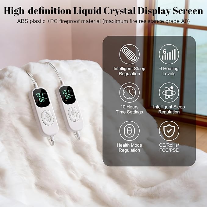 IUUI Electric Heated Blanket Queen 84''x90'',Luxury Faux Rabbit Fur Heating Throw Blankets,Fast Heating with 1/2/4/6/8/10 Hours,Overheat Protection, Quick Heating, Memory Function, Gift-Ready Design