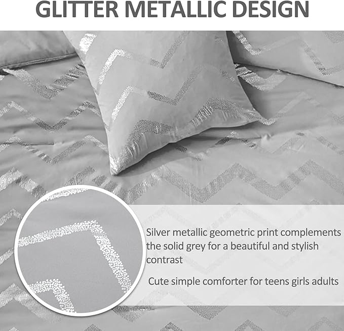 Menghomeus Grey and Silver Comforter Set Queen/Full Metallic Print Geometric Bed Comforter 4 Pieces Soft Microfiber Bedding for Teen Kids Boys (2 Pillow Shams + 1 Decorative Pillow Sham)