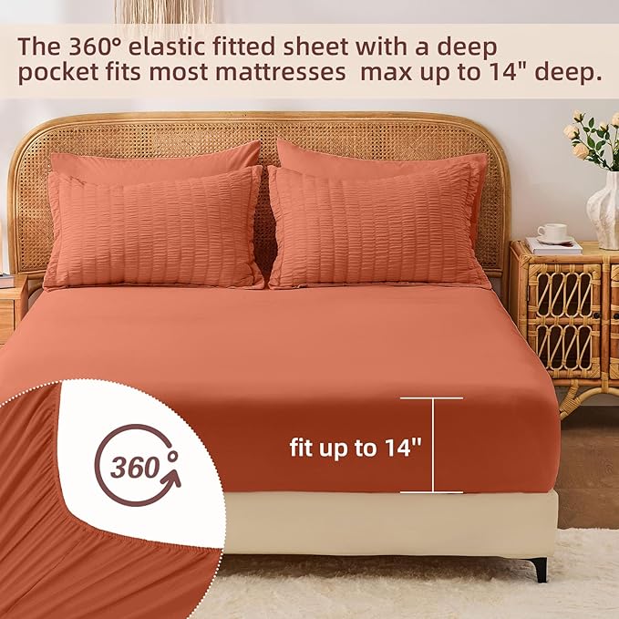 FUANNA Queen Comforter Set 7 Pieces, Luxury Seersucker Bed in a Bag Queen Size for All Seasons, Soft Bedding Set with Comforter, Flat Sheet, Fitted Sheet, Pillowcases & Shams for Bedroom, Burnt Orange