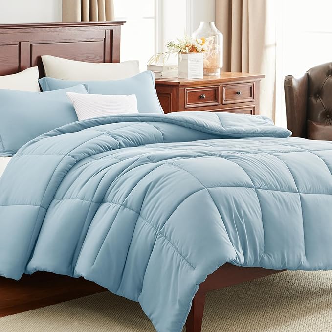 CozyLux King Size Comforter Set - Light Blue Comforter King Size, 3 Pieces Box Stitched Bed Set for All Seasons, Soft Lightweight Bedding Sets with 1 Down Alternative Comforter and 2 Pillow Shams