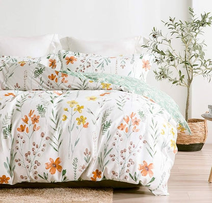 SLEEPBELLA Queen Size Comforter Set Yellow Flowers & Green Botanical Pattern Printed on White 100% Cotton Fabric, Ultra Soft Microfiber Inner Fill 3Pcs Bedding Set