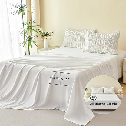PERFEMET White Bedding Twin Size Set, 5 Pieces Fluffy Ruched Comforter Set, Luxury Soft Boho Chic Ruffled Bed in a Bag with Sheet, All Season Farmhouse Pleated Texture Bed Sets(White, Twin)