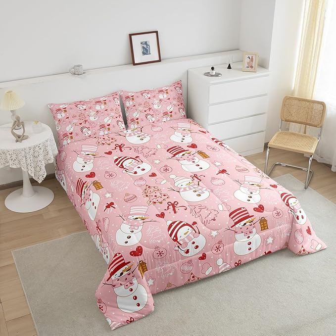 Cute Snowman Comforter Set Kids Queen Size,Cartoon Christmas Tree Bells and Snowflake Pattern Quilt Set Pink White Red Bedding Set for Girls Boys Woman Room Decor,Soft Winter Duvet Insert 3Pcs