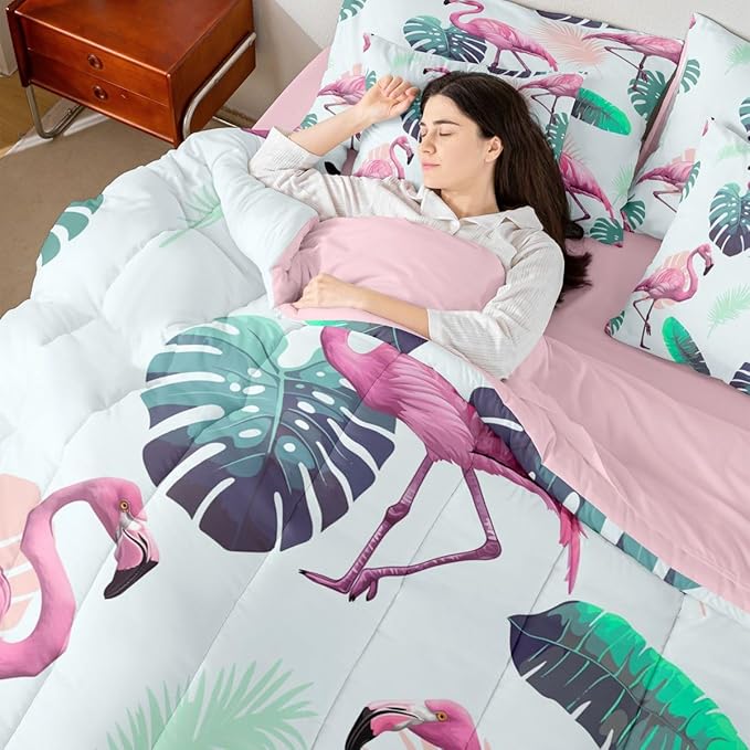 Erosebridal Girls Kids Flamingo Animal Pink Green Full Comforter Set 7 Pieces | Tropical Leaves Bed in A Bag for Bedroom Botanical Bedding Set with Comforters Women Kids Room Decor