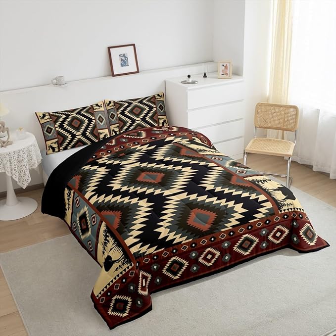 Erosebridal Buffalo Southwest Rustic Twin Comforter Set,Country Farmhouse Aztec Bedding Set for Teens Adult,Tribal Deer Comforter Wildlife Hunting Theme Duvet Insert Western Cabin Decor,2 Piece