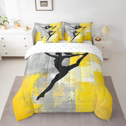 Girls Gymnastics Bed in a Bag 7pcs Yellow Grey Gradient Bedding Comforter Sets, Watercolor Twin Bedding Sets (1 Comforter, 1 Fitted Sheet, 1 Flag Sheet, 2 Pillowcases, 2 Throw Pillow Covers)