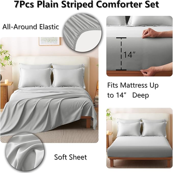 CozyLux King Comforter Set - 7 Pieces Bed in a Bag Light Grey Comforter Set with Sheets Luxury Bed Set All Seasons, Soft Bedding Set with Down Alternative Comforter, Sheets, Pillowcases & Shams