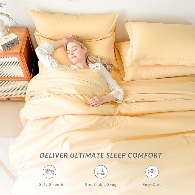 King Comforter Duvet Cover Set Buttercream - 7-Piece Bed in a Bag, Double Brushed Micorfiber All-Season Soft Bedding with Sheets & Envelope Pillowcases(102"x90",King)