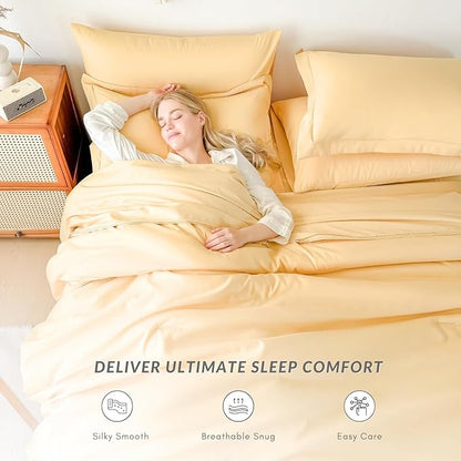 King Comforter Duvet Cover Set Buttercream - 7-Piece Bed in a Bag, Double Brushed Micorfiber All-Season Soft Bedding with Sheets & Envelope Pillowcases(102"x90",King)