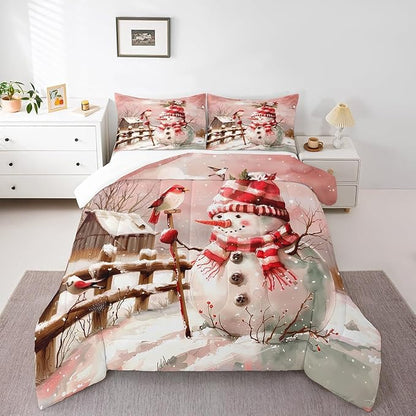 Pink Snowman Comforter Set Queen Size,Cute Bird and Snowflake Cabin Bedding Set 3Pcs for Kids Girls Boys Teens Room Decor,Merry Christmas Quilt Set Romantic Winter Duvet Insert,2 Pillowcases