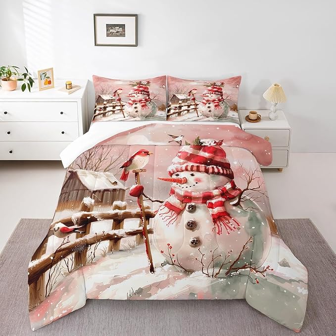 Pink Snowman Bedding Set Full Size,Cute Bird and Snowflake Cabin Comforter Set 3Pcs for Kids Girls Boys Teens Room Decor,Merry Christmas Quilt Set Romantic Winter Duvet Insert,2 Pillowcases