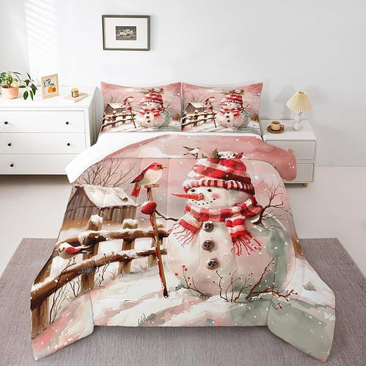 Pink Snowman Bedding Set Full Size,Cute Bird and Snowflake Cabin Comforter Set 3Pcs for Kids Girls Boys Teens Room Decor,Merry Christmas Quilt Set Romantic Winter Duvet Insert,2 Pillowcases