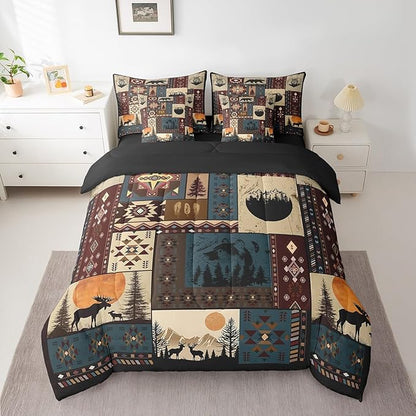 Erosebridal Bohemian Deer 7 Piece Bedding Sets Twin Bear Wildlife Hunting Theme Comforter Set Cabin Decor Buffalo Plaid Grid Bed in a Bag for Teens Retro Boho Xmas Pine Tree Sheets Geometric Quilt