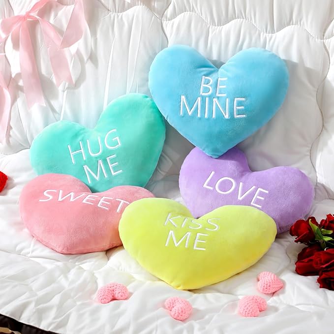 5 Pcs Valentine Heart Shape Pillow Conversation Heart Pillow Candy Cute Love Words Shaped Pillow Soft Throw Pillow Plush Cushion for Girls Friends Children Gift Living Dining Room