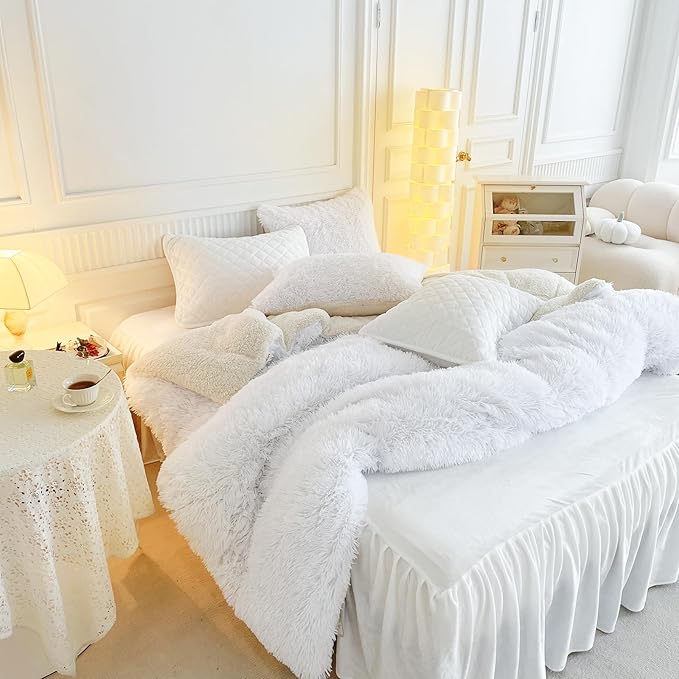 UOZZI BEDDING White Faux Fur Comforter Set King 3 Pieces - 1 White Shaggy Comforter with 2 Pillowcases - Ultra Soft and Easy Care Luxury Plush Warm Winter Duvet Set