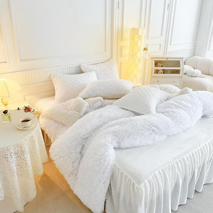 UOZZI BEDDING White Faux Fur Comforter Set King 3 Pieces - 1 White Shaggy Comforter with 2 Pillowcases - Ultra Soft and Easy Care Luxury Plush Warm Winter Duvet Set