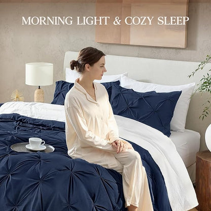Andency Navy Blue Comforter Set King Size, 3 Pieces All Season Pintuck Decorative Bedding Set, Soft Fluffy Microfiber Bed Set