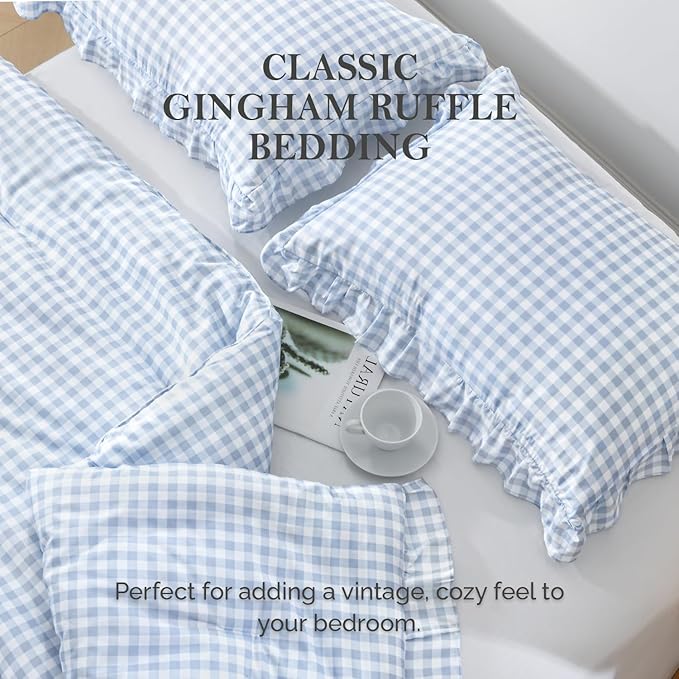Andency Blue Gingham Ruffle Comforter King(104x90Inch), 3 Pieces(1 Ruffled Comforter and 2 Pillowcases) Solid Farmhouse Shabby Chic Bed, Vintage Rustic Soft Microfiber Bedding Set