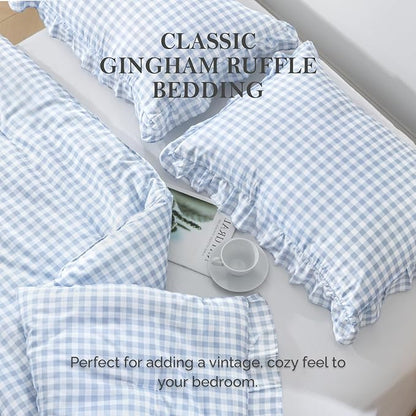 Andency Blue Gingham Ruffle Comforter King(104x90Inch), 3 Pieces(1 Ruffled Comforter and 2 Pillowcases) Solid Farmhouse Shabby Chic Bed, Vintage Rustic Soft Microfiber Bedding Set