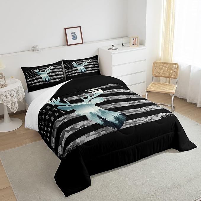 Feelyou Deer Hunting Comforter Set King, Camo Deer Hunting Bedding Set for Kids Forest Smoky Deer Comforter American Flag Deer Duvet Set with 2 Pillow Case