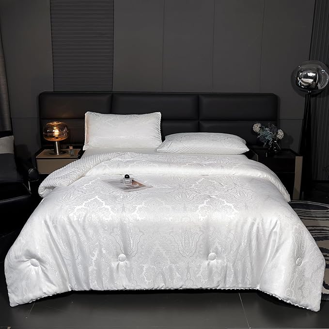 Jacquard Comforter Set - Luxury Warm Paisley Floral Pattern King Size Bedding with 2 Pillowcases All-Season Soft & Lightweight 3D Bubble Design Bed Set (104x90 Inches White)