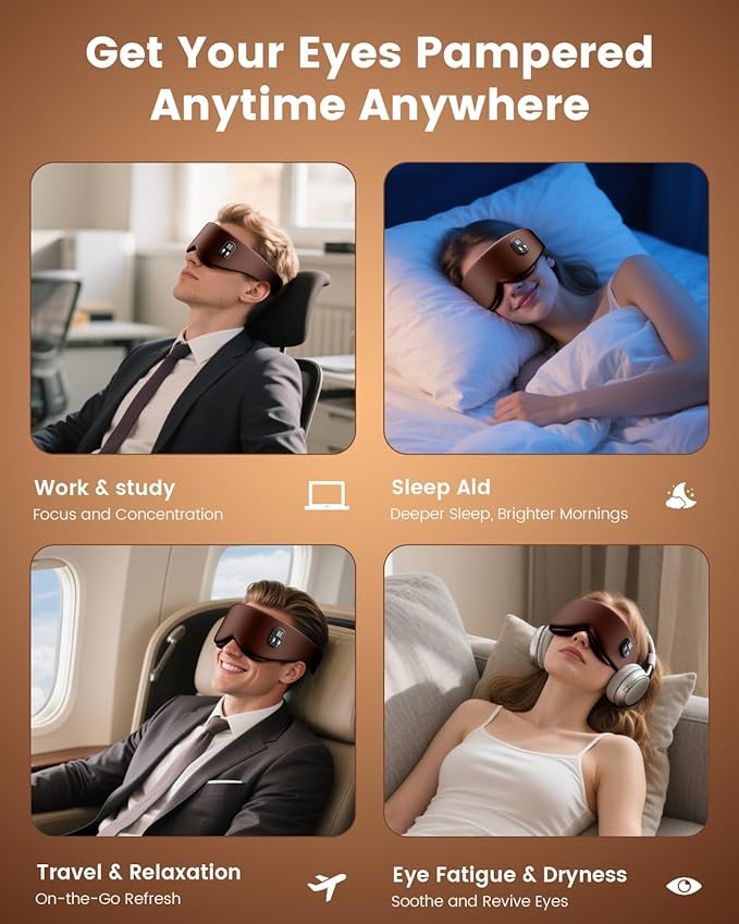 Anydance Heated Eye Mask - Cordless Eye Mask for Dry Eyes, Eye Relief, Improved Sleep, Timed Shutdown, 4 Temperature, Washable Eye Heating Pad for Travel, Removable for Cleaning - Brown