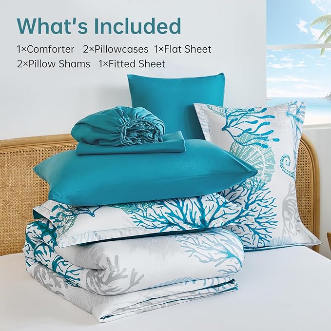 WONGS BEDDING Coastal Comforter Set Queen, Beach Themed Comforter,7 Pieces Ocean Nautical Seaweed & Starfish Bed in a Bag (90"×90")