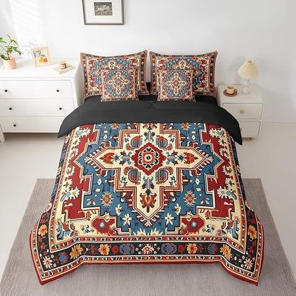 Oriental Bedding Set Vintage Full Comforter Set 7-Piece, Art Deco Floral Bedding Comforter Sets Boho Tribal Bed in a Bag Traditional Aesthetic Bed Sheets Set, Hippie Paisley Mandala Decor Red